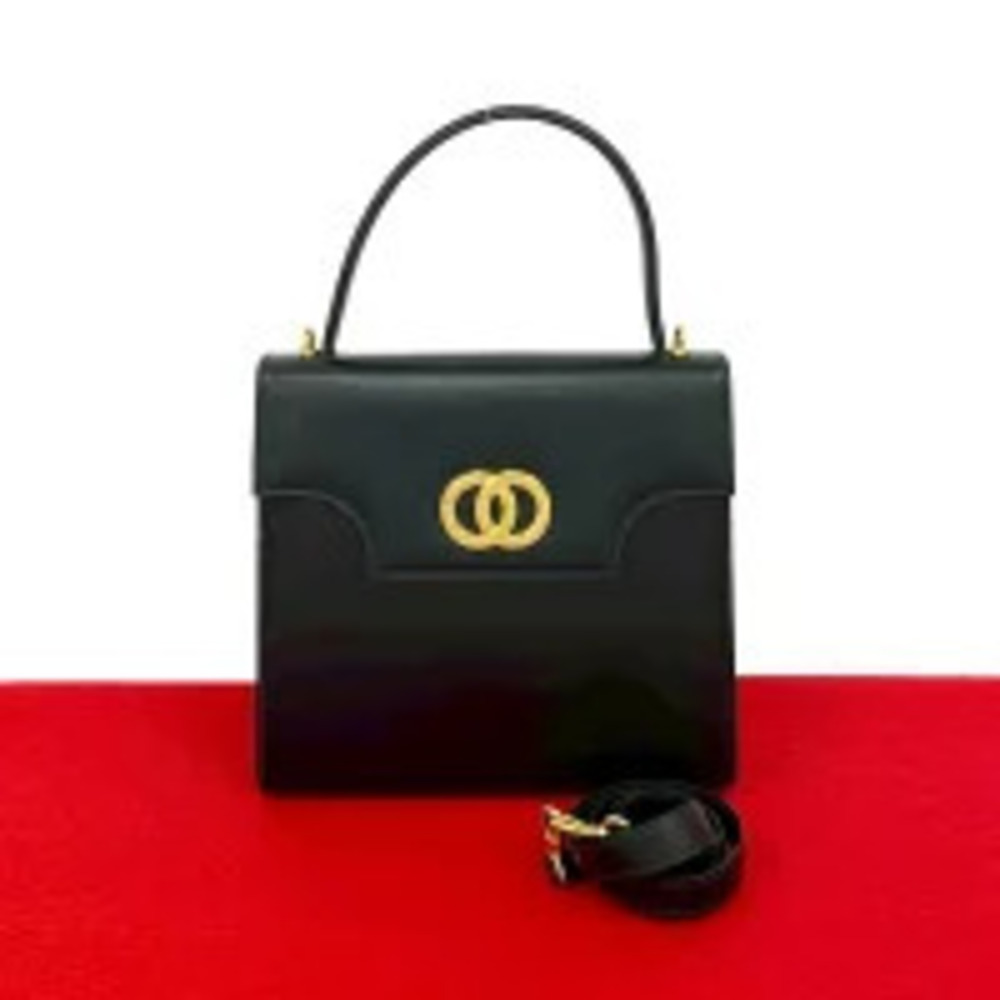 CELINE Circle Logo Calf Leather Handbag Tote Bag Shoulder Navy Blue